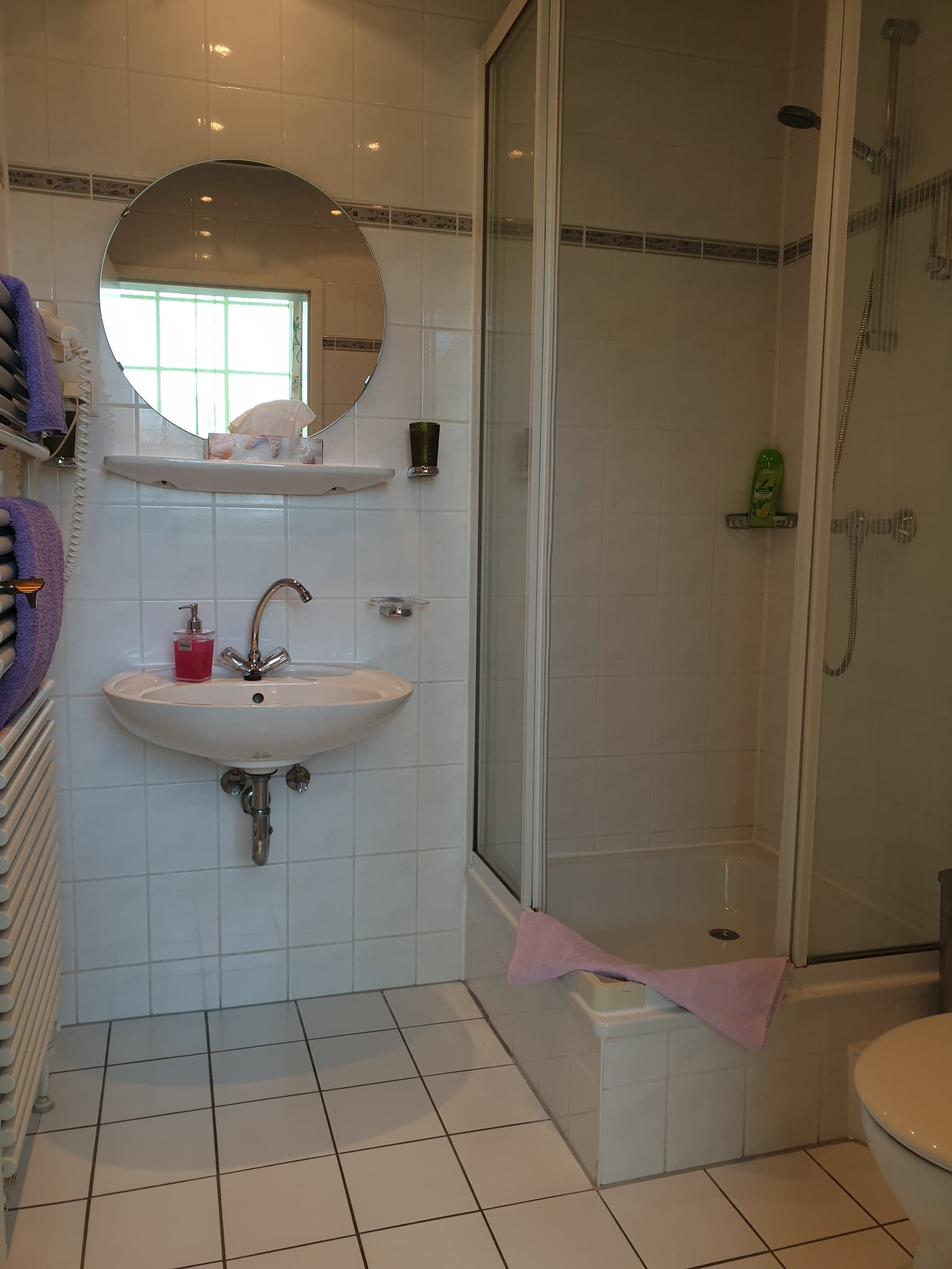 Bad vom Deluxe-Doppelzimmer mit Dusche und Waschbecken