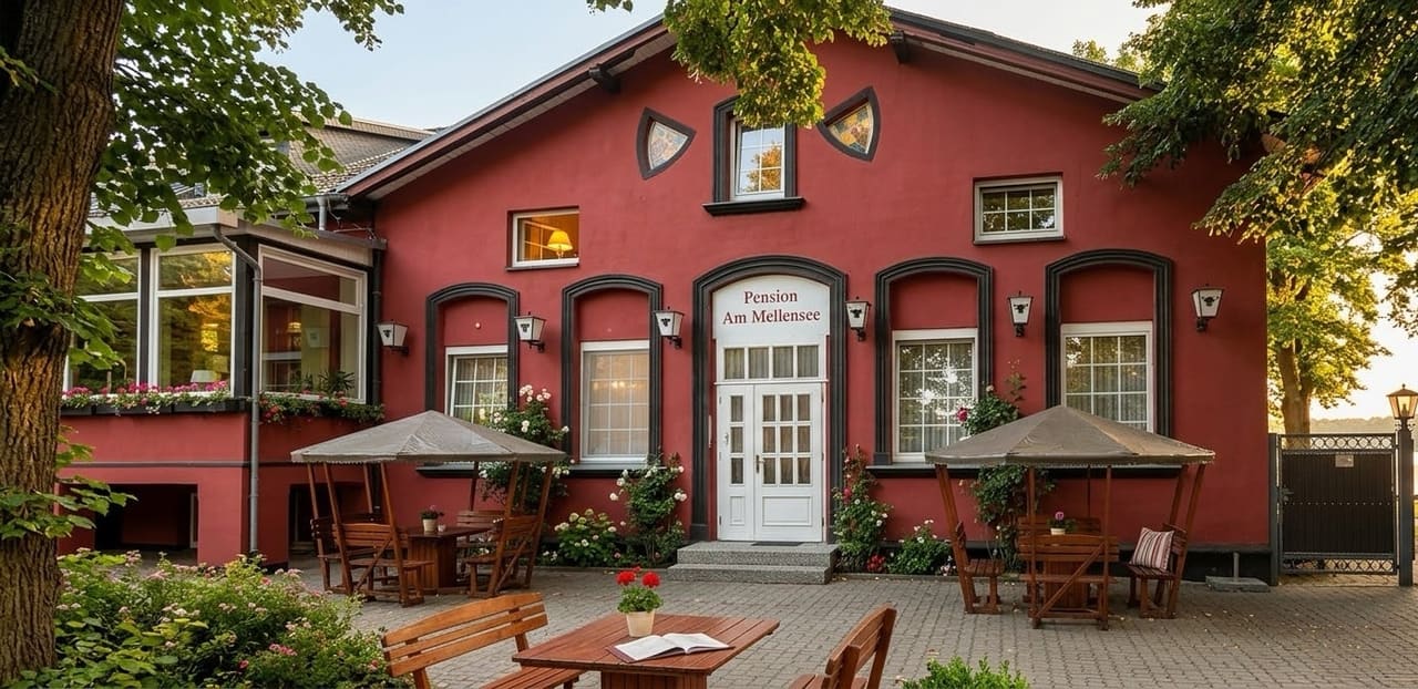 Die Pension Am Mellensee von der Straße: rotes Haus mit weißen Sprossenfenstern, Sitzplätzen unter Sonnendächern und alten Bäumen
